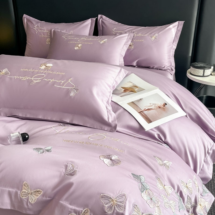 91家纺网 家纺一手货源 找家纺 欧乐蒂 2025新款A类亲肤棉刺绣四件套-蝶舞 蝶舞-黛紫
