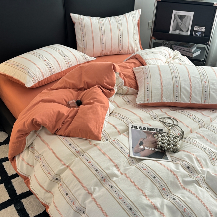 91家纺网 家纺一手货源 找家纺 简宜家居（朝初家纺） 2025新款40支全棉提花四件套（简川-星辰系列） 星辰-橘红