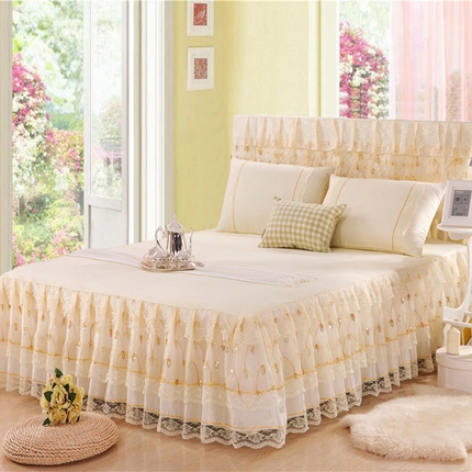 情恒家纺 2025新款蕾丝床裙三件套系列-流光溢彩 流光溢彩-米黄