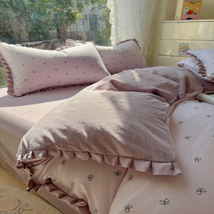 91家纺网 家纺一手货源 找家纺 欧尚 2025新款针织棉双层纱四件套 洁美紫