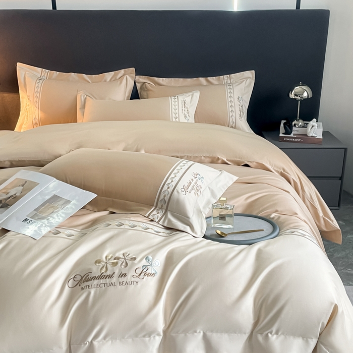 91家纺网 家纺一手货源 找家纺 桃园 2025新款全棉长绒棉刺绣绣花四件套-西西里系列 香槟