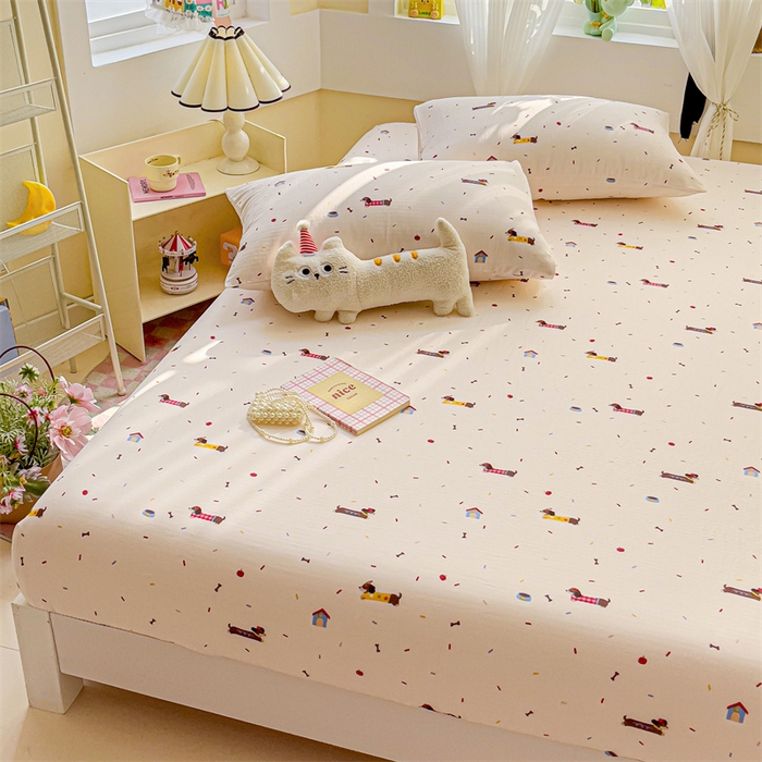 91家纺网 家纺一手货源 找家纺 名兮家居 2025新款全棉双层纱床笠 双层纱-辣条狗