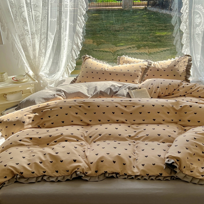 91家纺网 家纺一手货源 找家纺 欧尚 2025新款针织棉双层纱四件套 灰爱心