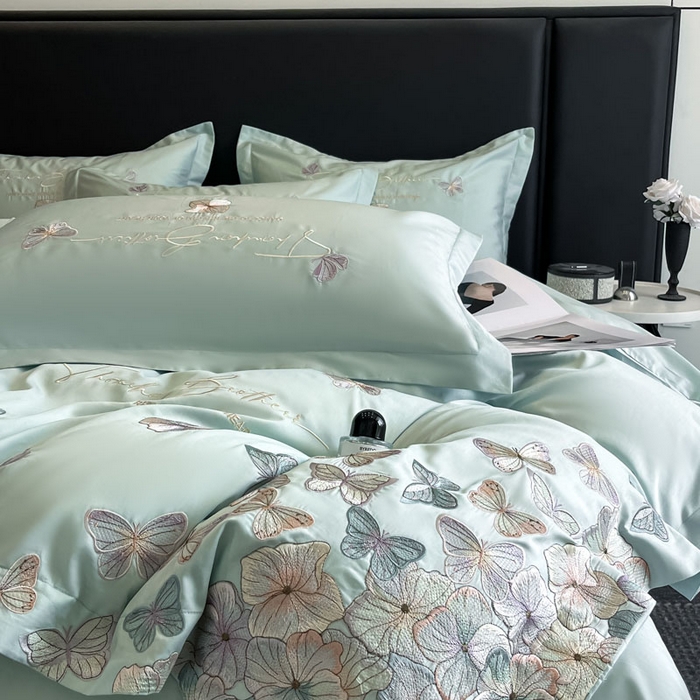 91家纺网 家纺一手货源 找家纺 欧乐蒂 2025新款A类亲肤棉刺绣四件套-蝶舞 蝶舞-茶绿