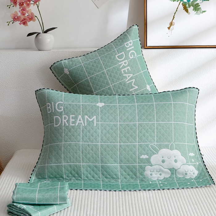 91家纺网 家纺一手货源 找家纺 朴尔家纺-毛巾被 2025新款蜂窝透气提花锁边立体枕巾 可爱云-绿