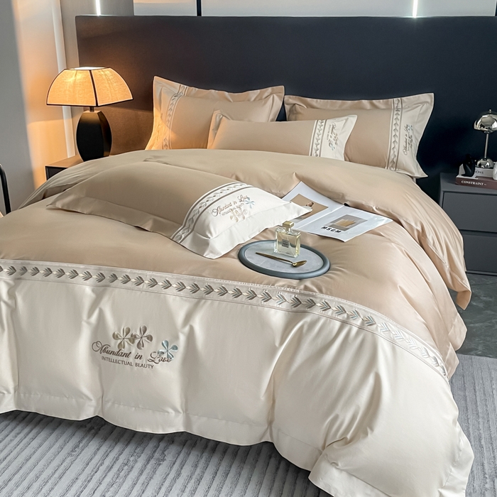 91家纺网 家纺一手货源 找家纺 桃园 2025新款全棉长绒棉刺绣绣花四件套-西西里系列 香槟