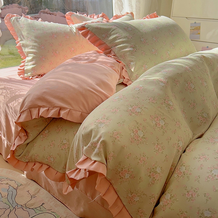 91家纺网 家纺一手货源 找家纺 欧尚 2025新款针织棉双层纱四件套 花开洁语