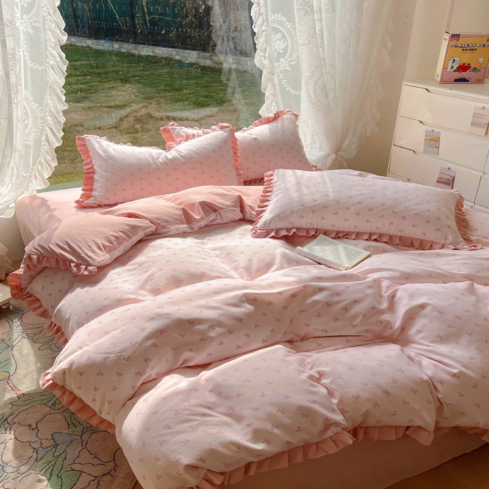 91家纺网 家纺一手货源 找家纺 欧尚 2025新款针织棉双层纱四件套 洁美粉