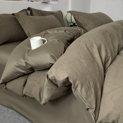 七七家纺 新款提花双层纱全棉四件套 苍兰卡其灰