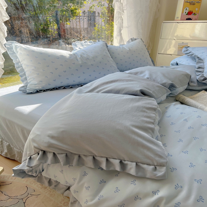 91家纺网 家纺一手货源 找家纺 欧尚 2025新款针织棉双层纱四件套 洁美蓝