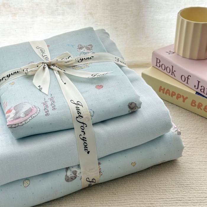 91家纺网 家纺一手货源 找家纺 2025新款双层纱印花卡通四件套-叠拍 神气猫