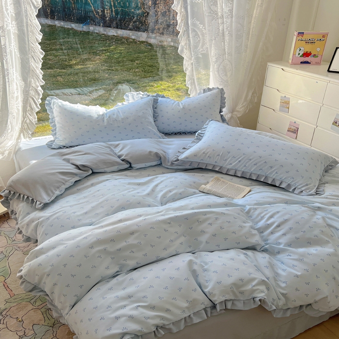 91家纺网 家纺一手货源 找家纺 欧尚 2025新款针织棉双层纱四件套 洁美蓝