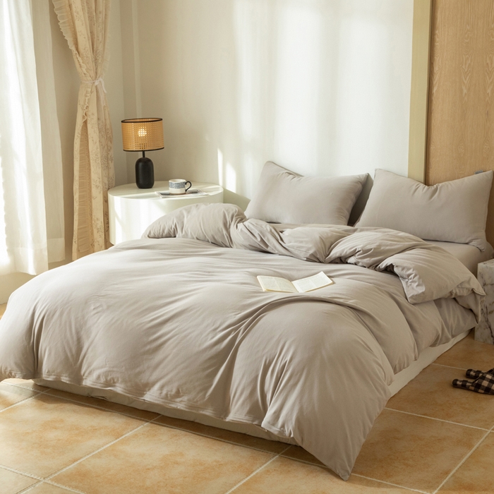 91家纺网 家纺一手货源 找家纺 梦可莱家居 2025春夏新品全棉针织棉纯色系列 米灰