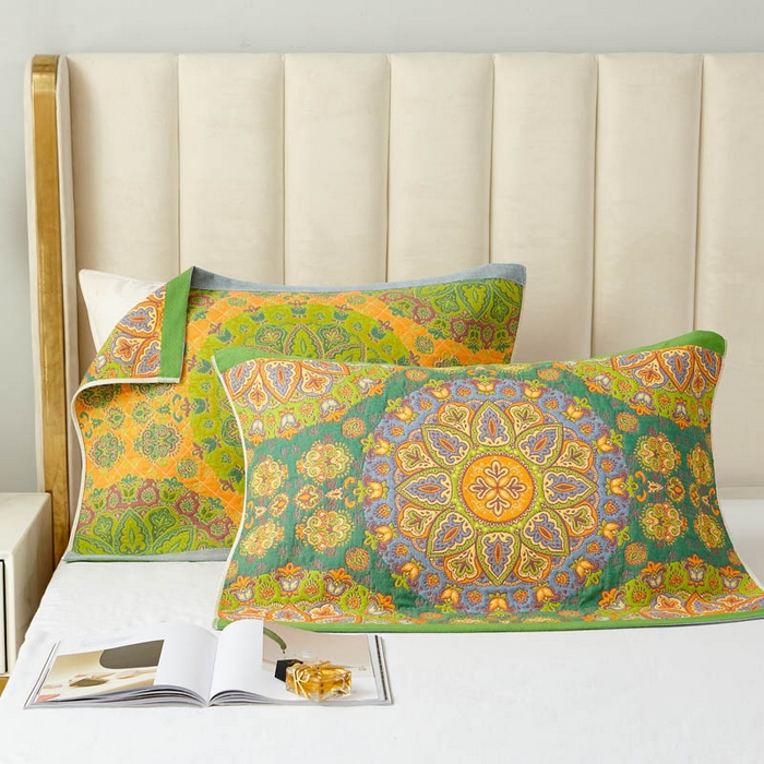 91家纺网 家纺一手货源 找家纺 朴尔家纺-毛巾被 2025新款全棉四层纱布色织提花宽边时尚枕巾 复古花园-绿