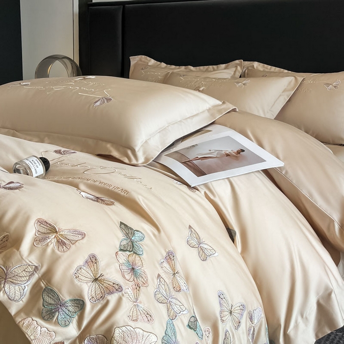 91家纺网 家纺一手货源 找家纺 欧乐蒂 2025新款A类亲肤棉刺绣四件套-蝶舞 蝶舞-金咖