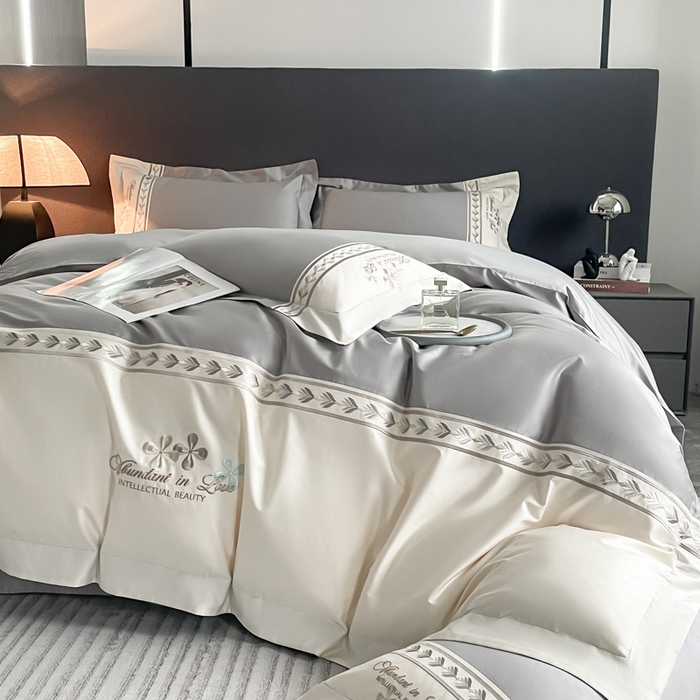 91家纺网 家纺一手货源 找家纺 桃园 2025新款全棉长绒棉刺绣绣花四件套-西西里系列 绅士灰