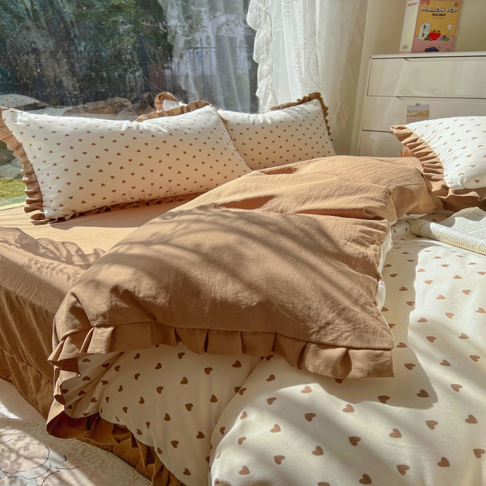 91家纺网 家纺一手货源 找家纺 欧尚 2025新款针织棉双层纱四件套 咖爱心