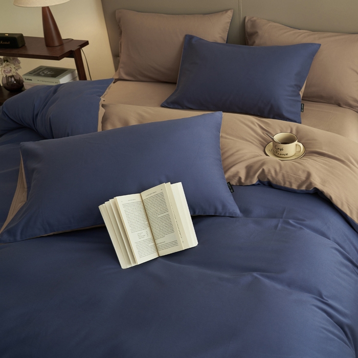 91家纺网 家纺一手货源 找家纺 2025新款全棉13372水洗棉双拼四件套（影棚暗光） 布鲁兰+拾柴