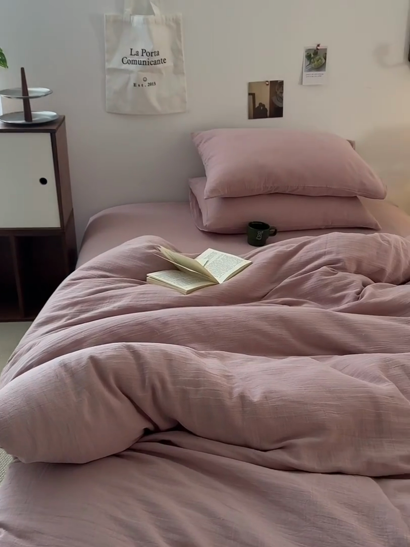 91家纺网 家纺一手货源 找家纺 水洗的故事 2025新款全棉A类皱皱纱纯色混搭四件套 奶杏