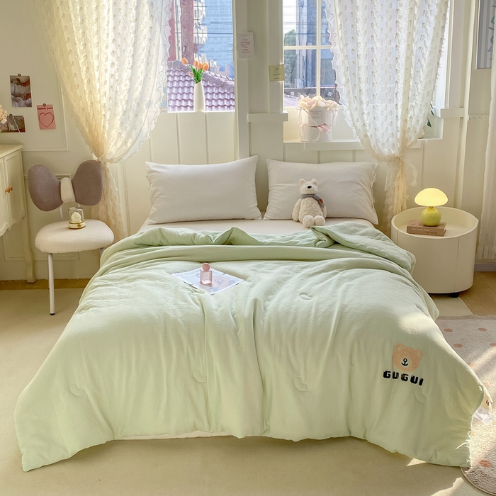 91家纺网 家纺一手货源 找家纺 沃尔居 新款水洗全棉双层纱夏被空调被大豆被纯棉春秋被子被芯夏凉被 小熊-浅绿色
