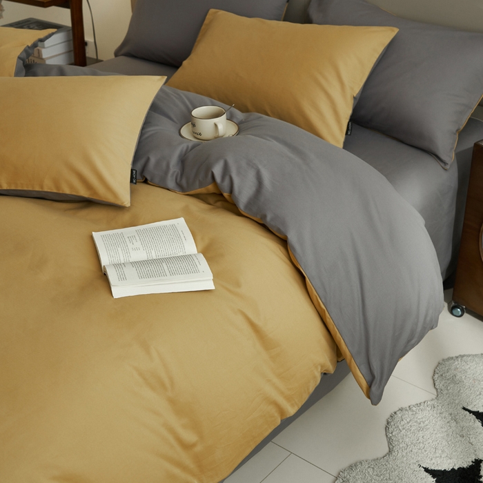 91家纺网 家纺一手货源 找家纺 2025新款全棉13372水洗棉双拼四件套（影棚暗光） 暗木幽香+宝藏灰