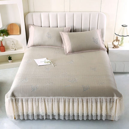 莱轩席业 2025新款A类加厚豆豆床裙款凉席 蝶恋花咖