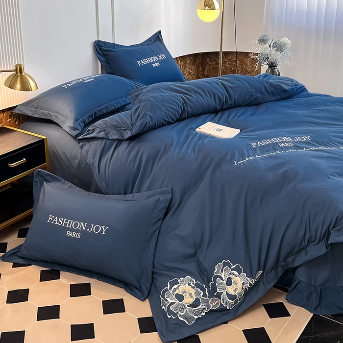 91家纺网 家纺一手货源 找家纺 梵克保罗 2025新款直播热卖长绒棉刺绣花边四件套-繁星系列 繁星-钻石蓝