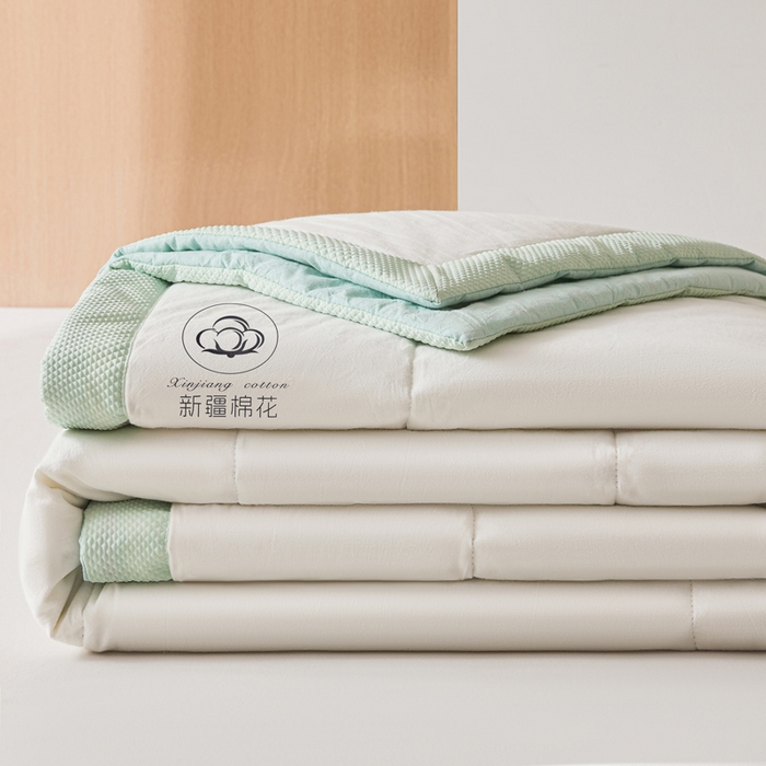 91家纺网 家纺一手货源 找家纺 熙宴家纺 2025新款水洗棉100%新疆棉花夏被-棉白 棉白+绿
