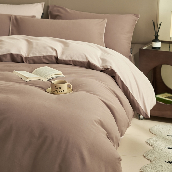 91家纺网 家纺一手货源 找家纺 2025新款全棉13372水洗棉双拼四件套（影棚亮光） 暗香紫砂+40驼