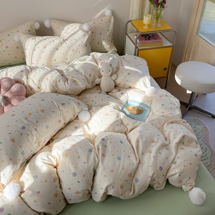 91家纺网 家纺一手货源 找家纺 金爱家 2025新款亲肤舒适纯棉双层纱四件套 双层纱-彩点点小南瓜