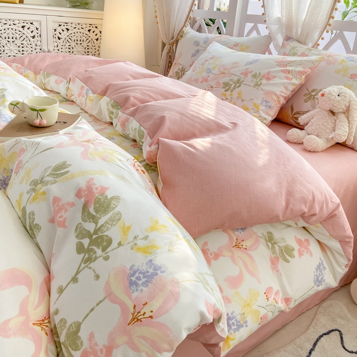 91家纺网 家纺一手货源 找家纺 宜家坊 2025早春新品全棉纯棉喷气13070小清新印花纯棉四件套-风格二 浮春绘