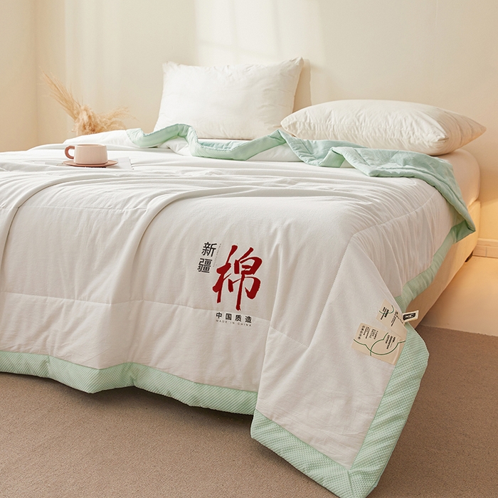 91家纺网 家纺一手货源 找家纺 熙宴家纺 2025新款水洗棉100%新疆棉花夏被-月光白 月光白+绿