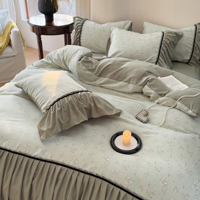 91家纺网 家纺一手货源 找家纺 沐慕 2025新款法式针织双层纱印花系列四件套 绿茶