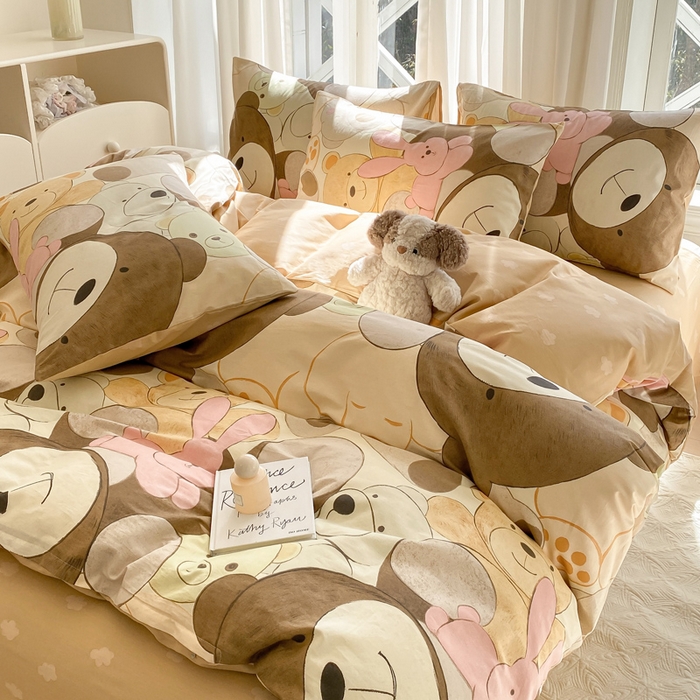 91家纺网 家纺一手货源 找家纺 宜家坊 2025早春新品全棉纯棉喷气13070小清新印花纯棉四件套-风格二 熊熊总动员