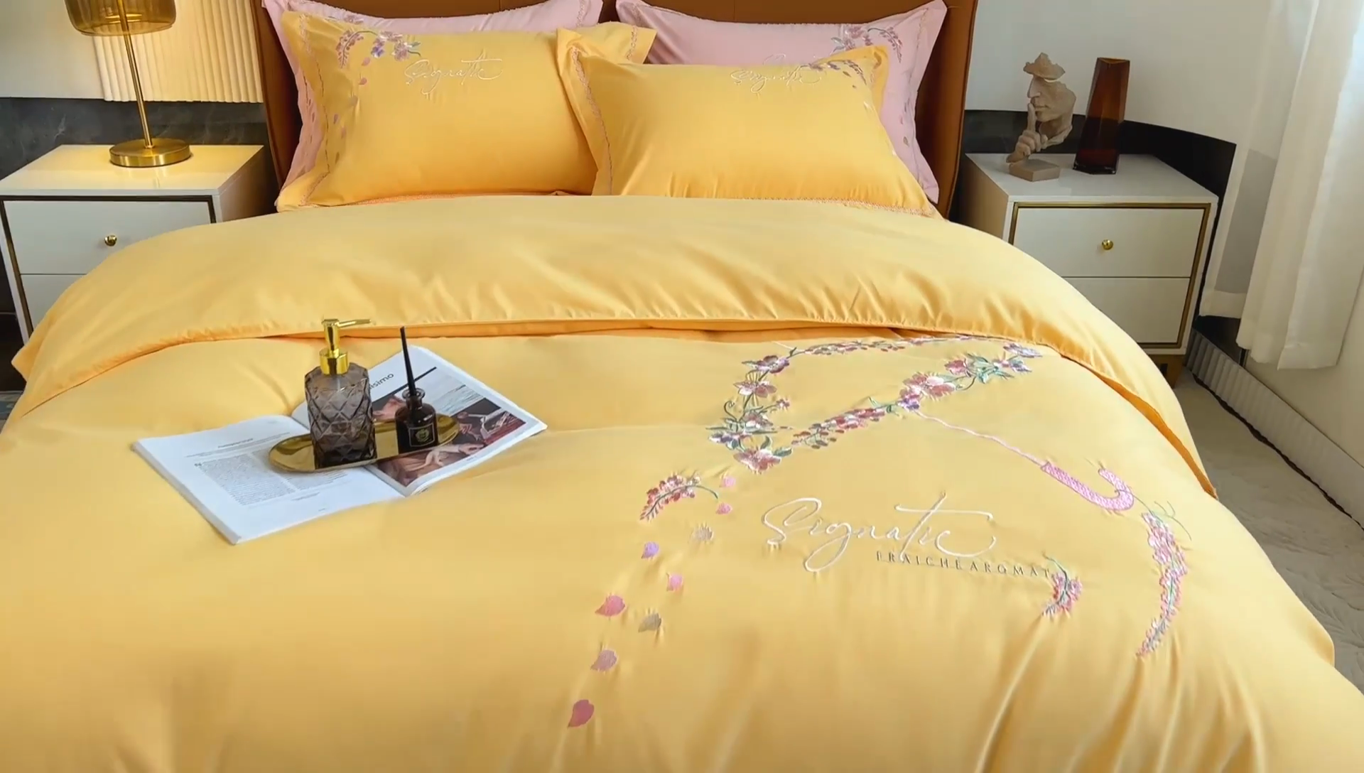 91家纺网 家纺一手货源 找家纺 梵克保罗 2025新款直播热卖长绒棉刺绣花边四件套-莉薇系列 莉薇-柠檬黄