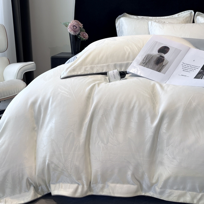 91家纺网 家纺一手货源 找家纺 米彩家纺 2025新款A类水洗真丝天丝提花四件套 一叶深清白拼灰