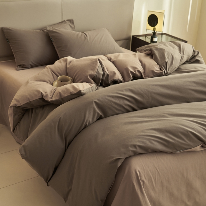 91家纺网 家纺一手货源 找家纺 2025新款全棉13372水洗棉双拼四件套（影棚暗光） 40暖木棕+拾柴