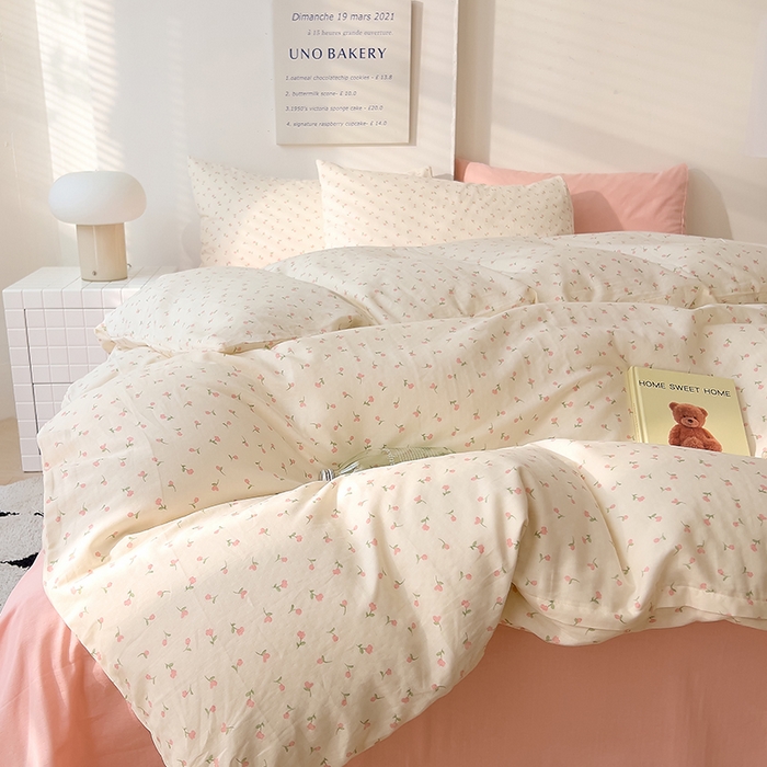 91家纺网 家纺一手货源 找家纺 DoDo 兜兜 2025新款全棉双层纱印花四件套（可定做尺寸） 朵朵小花