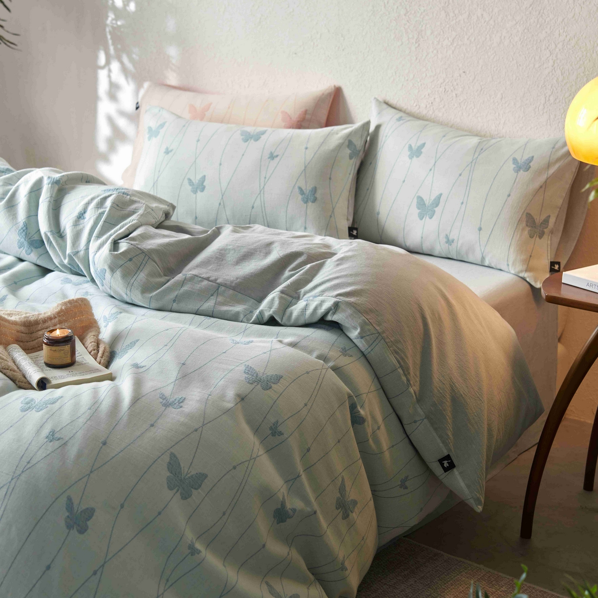 91家纺网 家纺一手货源 找家纺 安莱生活 2025新款60s双层纱色织大提花蝶舞翩翩四件套系列 蝶舞翩翩-浅蓝