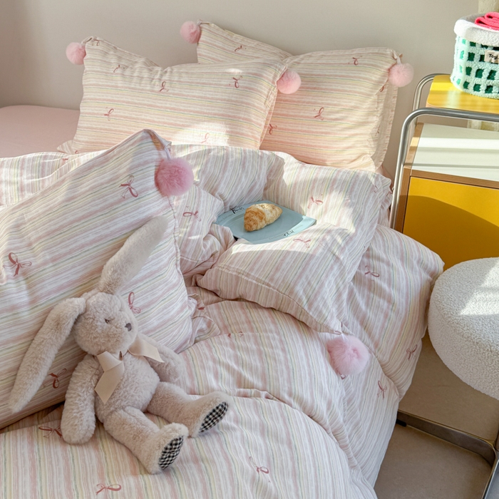 91家纺网 家纺一手货源 找家纺 金爱家 2025新款亲肤舒适纯棉双层纱四件套 双层纱-彩条蝴蝶结