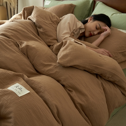 2025新款纯棉双层纱四件套 双层纱四件套-褐色
