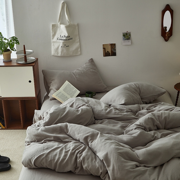 91家纺网 家纺一手货源 找家纺 水洗的故事 2025新款全棉A类皱皱纱纯色混搭四件套 炊烟