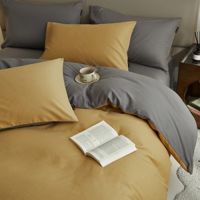 91家纺网 家纺一手货源 找家纺 2025新款全棉13372水洗棉双拼四件套（影棚暗光） 暗木幽香+宝藏灰