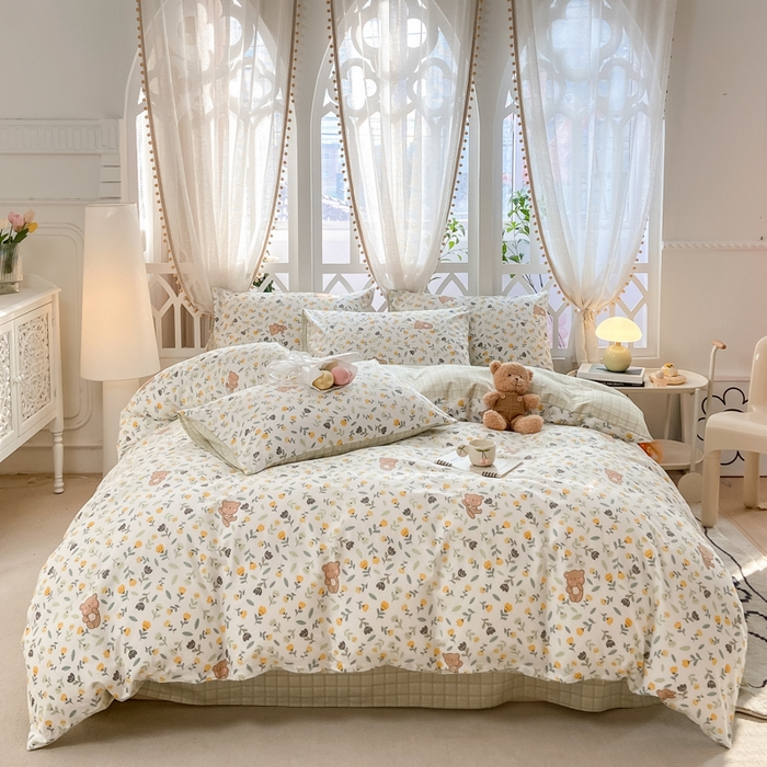 91家纺网 家纺一手货源 找家纺 宜家坊 2025早春新品全棉纯棉喷气13070小清新印花纯棉四件套-风格二 朵朵熊