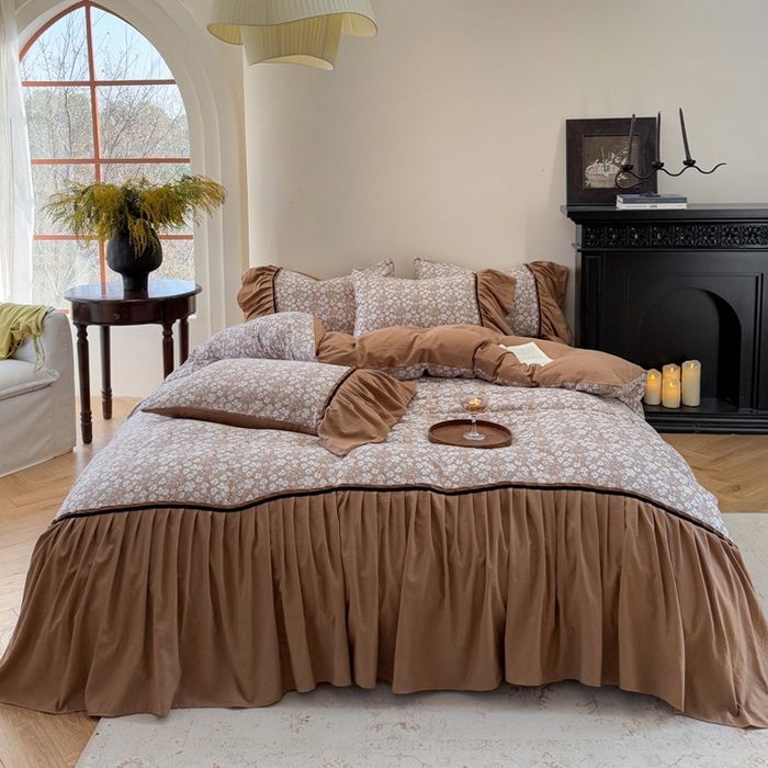 91家纺网 家纺一手货源 找家纺 沐慕 2025新款法式针织双层纱印花系列四件套 椿山集 咖