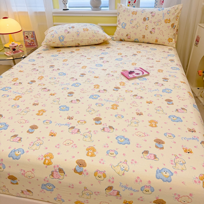 91家纺网 家纺一手货源 找家纺 吉象家纺 2025新款高支密全棉印花单品系列-单床笠 狗狗家族