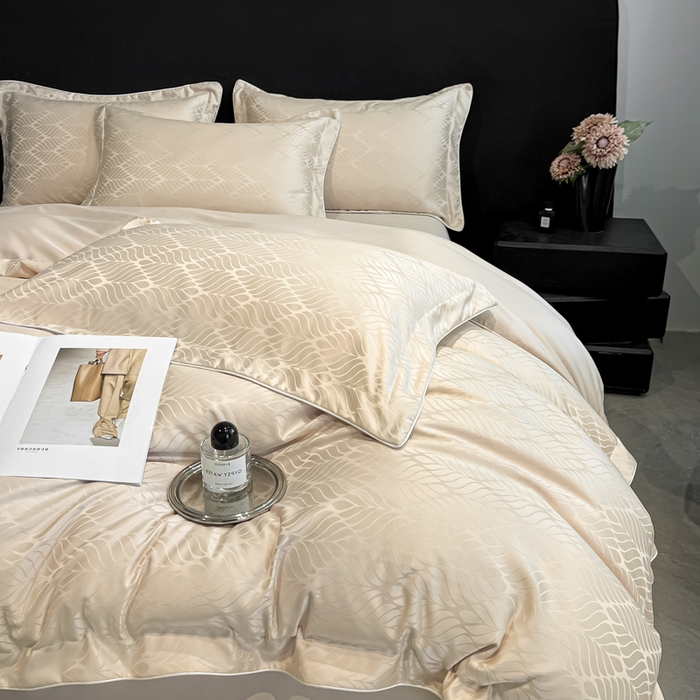 91家纺网 家纺一手货源 找家纺 米彩家纺 2025新款A类水洗真丝天丝提花四件套 小树叶浅香槟