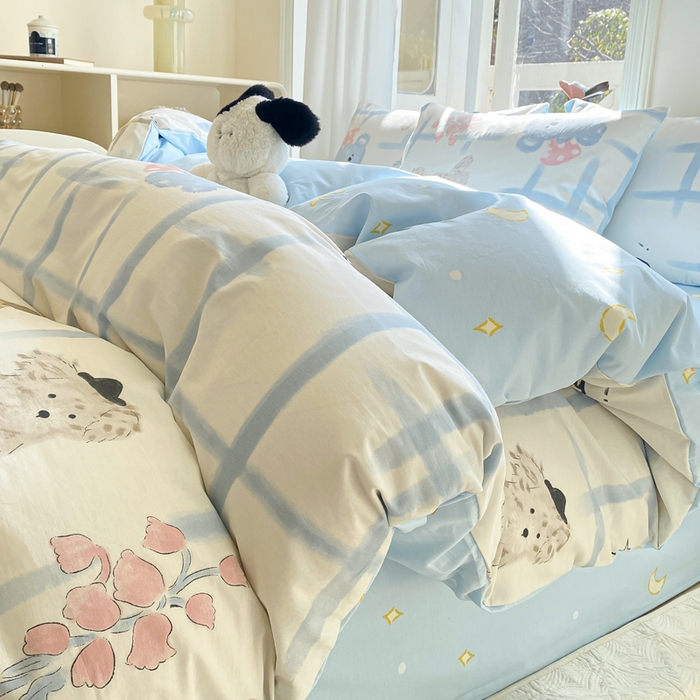 91家纺网 家纺一手货源 找家纺 宜家坊 2025早春新品全棉纯棉喷气13070小清新印花纯棉四件套-风格二 玩偶派对