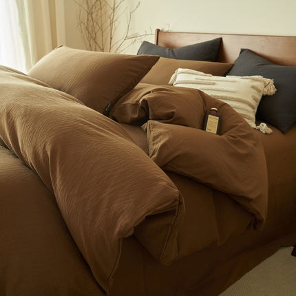 2025新款纯棉水洗棉三层树纹提花四件套 三层纱树皮纹四件套-焦糖咖