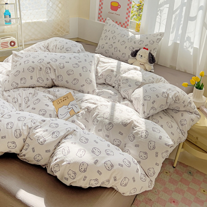 91家纺网 家纺一手货源 找家纺 优选 2025新款加厚云感棉双层纱四件套小碎花被套床单床笠款学生三件套新款直播热款 猫咪恋人